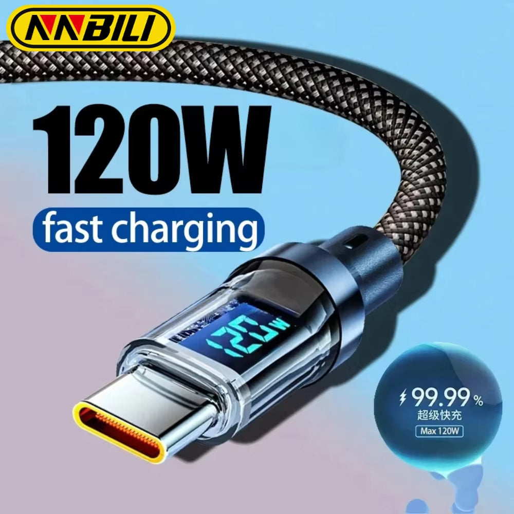 NNBILI New 120W LED Digital Display Quick Charge USB Type C Cable for OPPO VIVO Huawei Fast Charging Data Cord