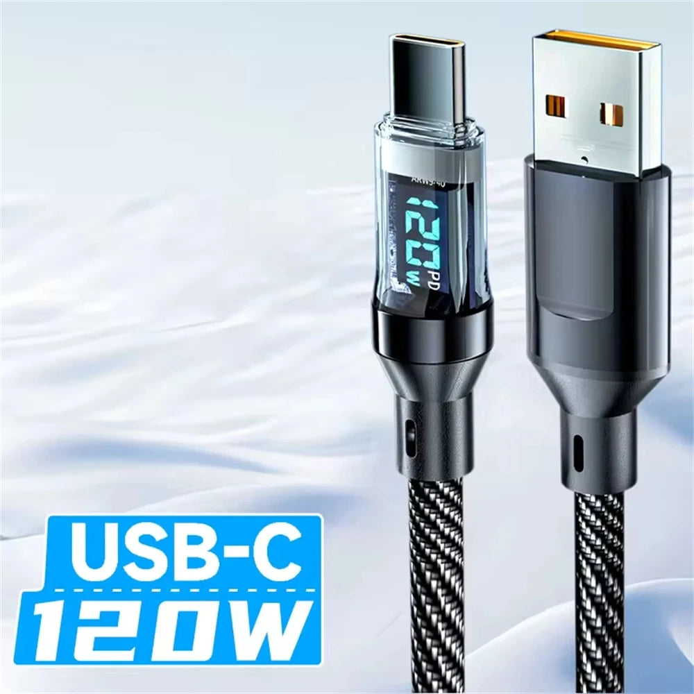 NNBILI New 120W LED Digital Display Quick Charge USB Type C Cable for OPPO VIVO Huawei Fast Charging Data Cord